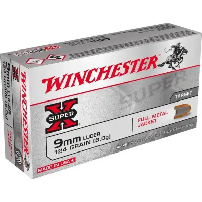 Munitions Winchester Full Metal Jacket, de calibre 9 mm Luger en 124 gr, livrées en boite de 50 cartouches.