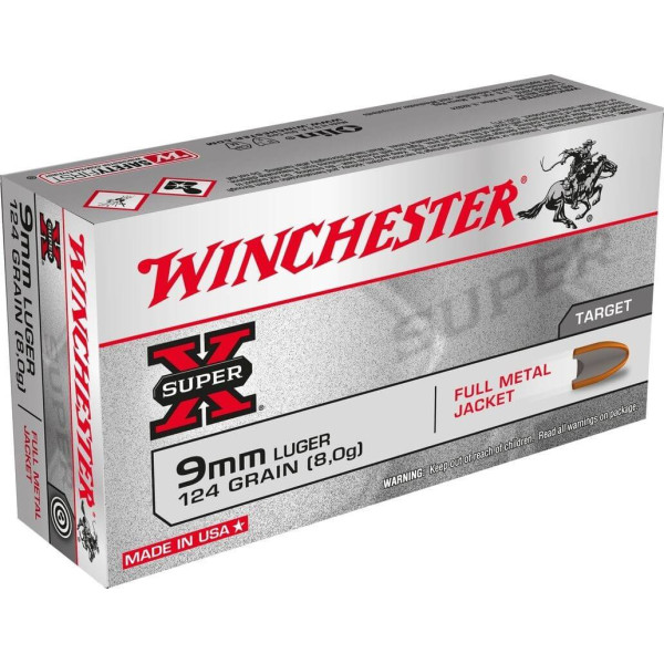 Munitions Winchester Full Metal Jacket, de calibre 9 mm Luger en 124 gr, livrées en boite de 50 cartouches.