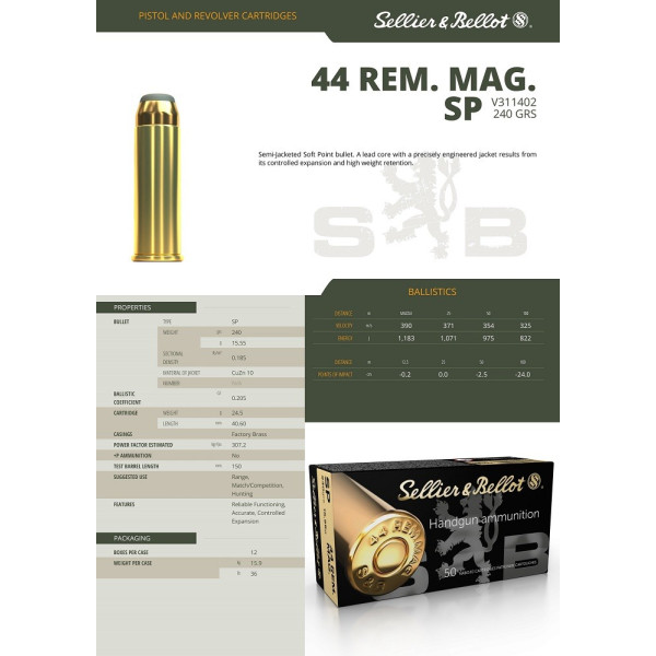 1000 cartouches Sellier & Bellot .44 Rem Mag SP 15,55 g