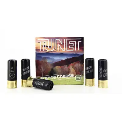 Cartouches Tunet France chasse calibre 12/70, culot de 20mm, bourre jupe, sertissage étoile.