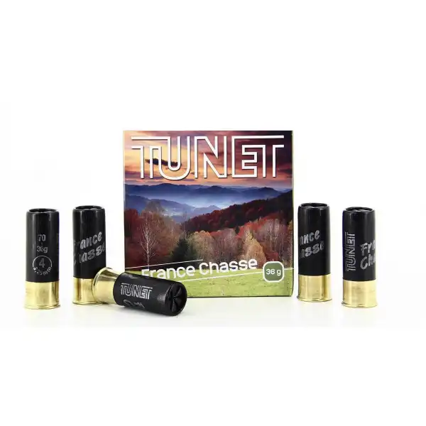 Cartouches Tunet France chasse calibre 12/70, culot de 20mm, bourre jupe, sertissage étoile.