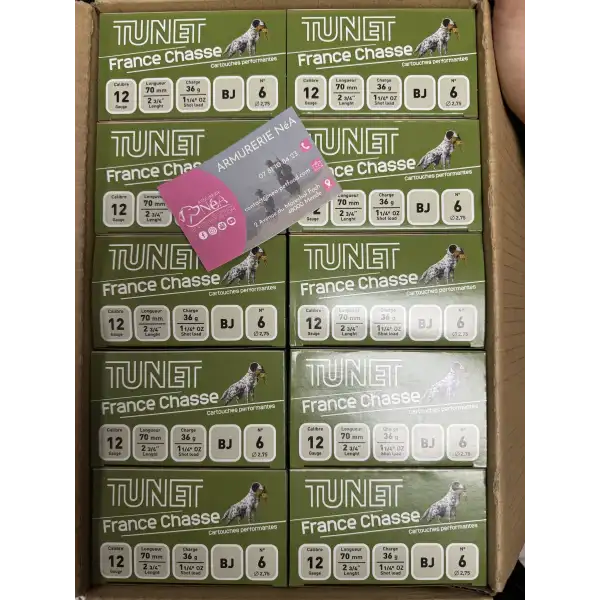 Cartouches Tunet France chasse calibre 12/70, culot de 20mm, bourre jupe, sertissage étoile.