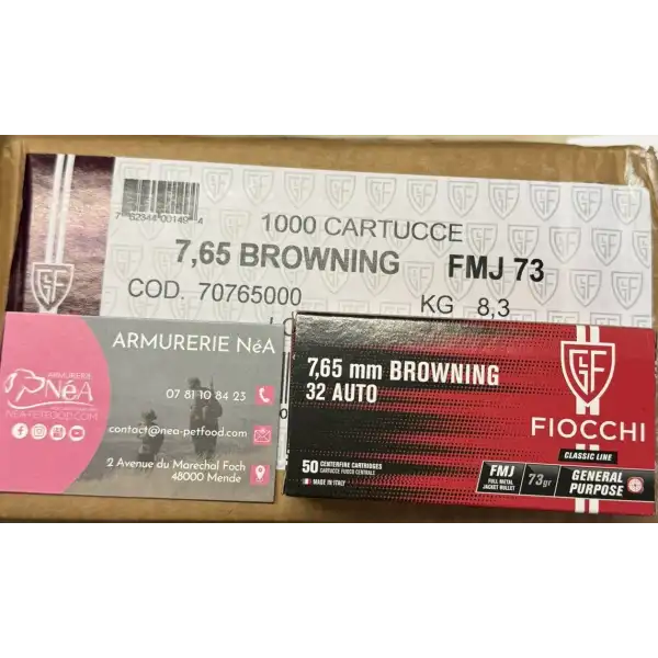 CARTON de 20 boites de 50 munitions Fiocchi 7.65 Browning 73 gr FMJ