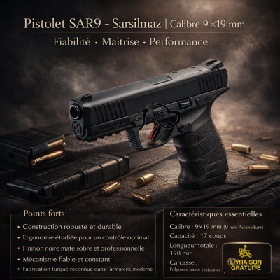 Arme de poing - Pistolet - Sarsilmaz - SAR9 9mm - Liv offerte