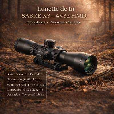 DESTOCK Lunette X3 4X32 HMD SABRE avec montage rail de 11mm pr 22LR ou 4.5