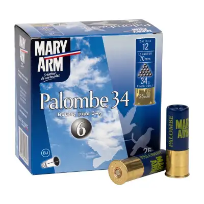 Cartouches Mary Arm Palombe 34 BJ calibre 12/70, plomb n°6, boîte de 25