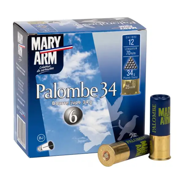 Cartouches Mary Arm Palombe 34 BJ calibre 12/70, plomb n°6, boîte de 25