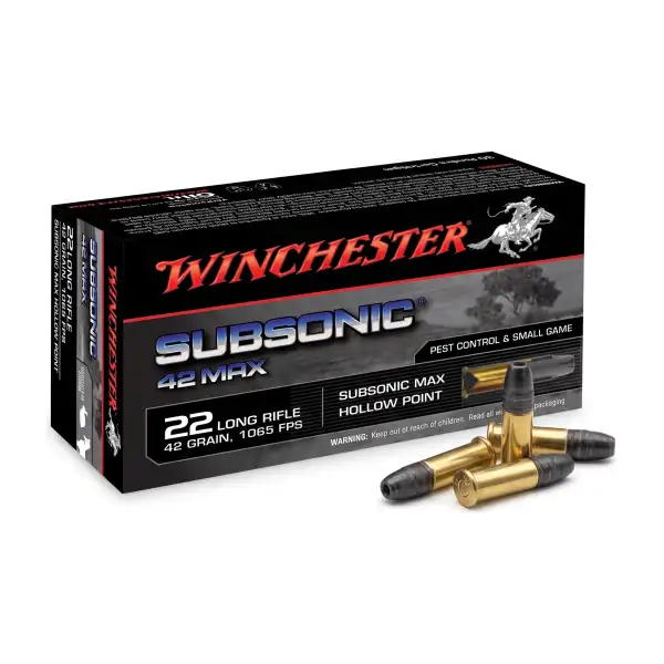 Cartouches Winchester Subsonic 42 Max 22 LR, pointe creuse 42 gr, boîte de 50