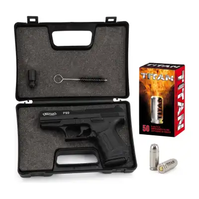 Pistolet d'alarme Walther P99 noir Umarex 9 mm PAK, pack avec 50 cartouches à blanc Titan