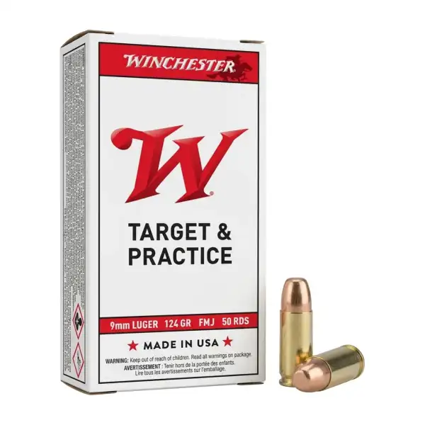 Munitions Winchester 9 mm Luger FMJ 124 grains, boîte de 50