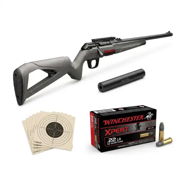 Pack carabine Winchester Xpert 22 LR à verrou + modérateur Browning Iridium IR.22, 50 munitions et 5 cibles