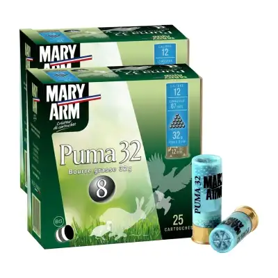 2 boîtes de 25 cartouches Mary Arm Puma 32, calibre 12/67, bourre grasse, plomb n° 8