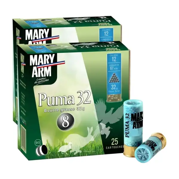 2 boîtes de 25 cartouches Mary Arm Puma 32, calibre 12/67, bourre grasse, plomb n° 8