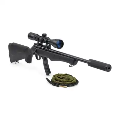 Carabine Rossi 8117 .17 HMR à verrou avec lunette 3-9x40, modérateur de son (MDS) et cordon Snake