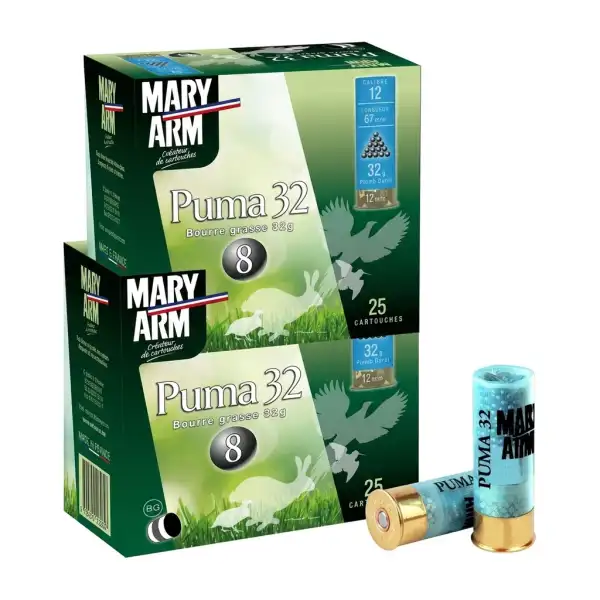 Cartouches Mary Arm Puma 32 plomb n° 8, calibre 12/67, bourre grasse : lot de 2 boîtes de 25