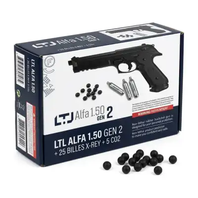 Pack pistolet CO2 LTL Alfa 1.50 GEN 2 calibre .50 (catégorie D) : 25 billes X-Rey et 5 recharges CO2