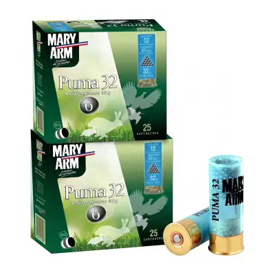2 boîtes de 25 cartouches Mary Arm Puma 32, calibre 12/67, bourre grasse, plomb n° 6