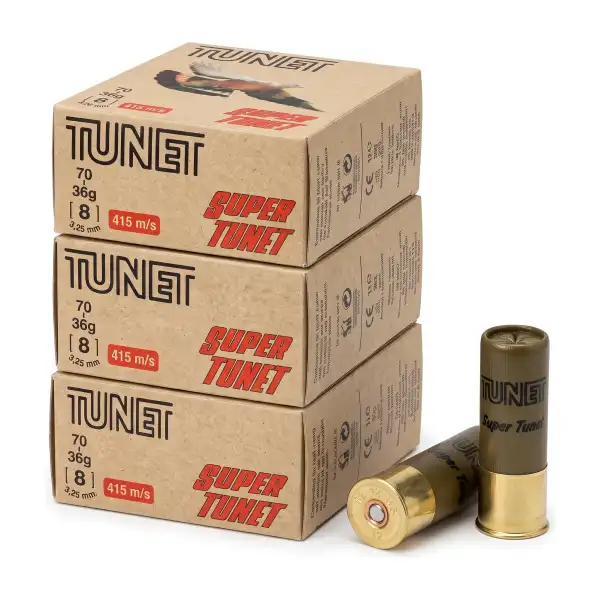 Cartouches Tunet Super Tunet cal. 12/70, 36 g, bourre à jupe, lot de 3 boîtes