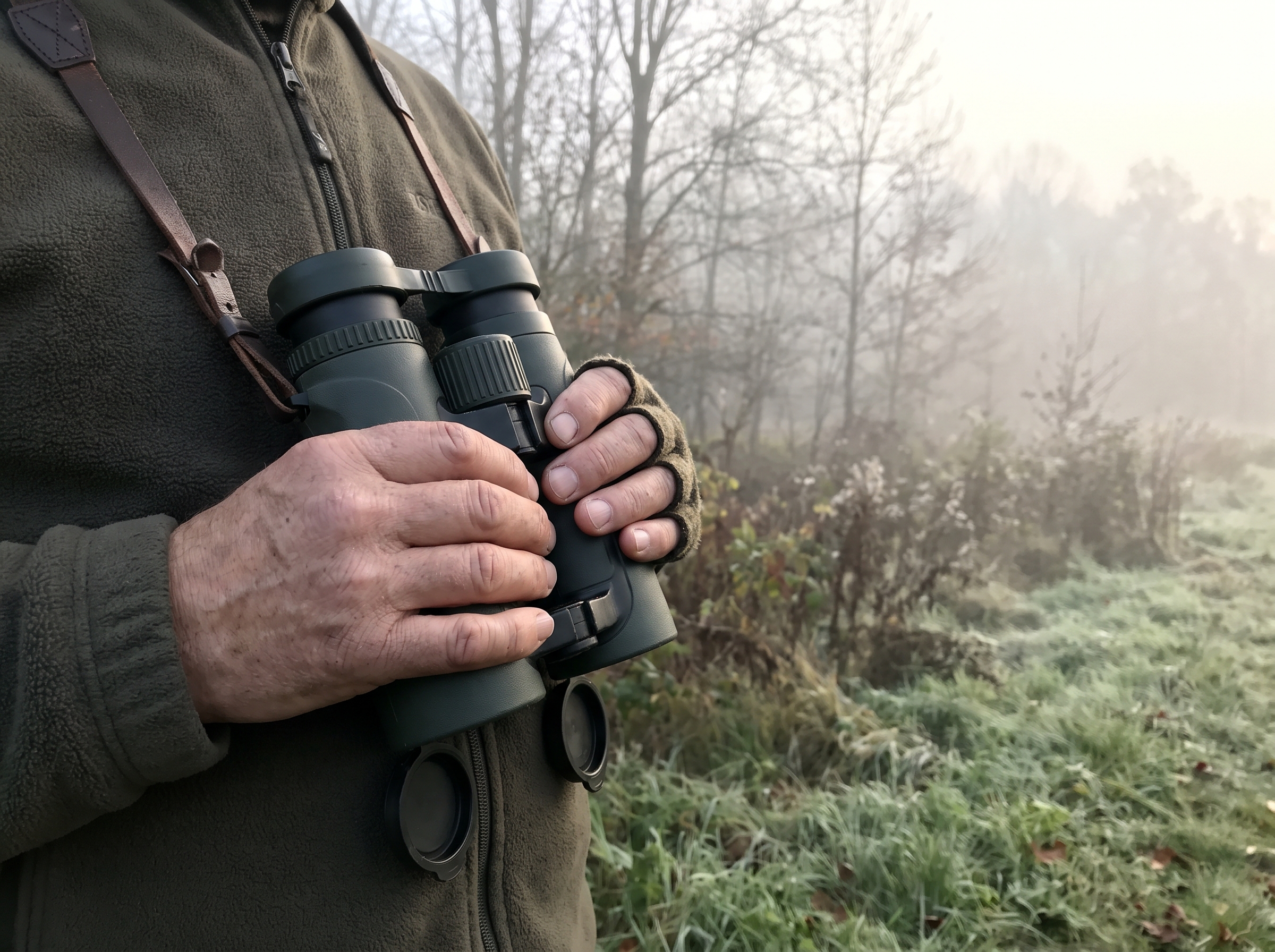 Jumelles de chasse utilisées à l'affût au petit matin