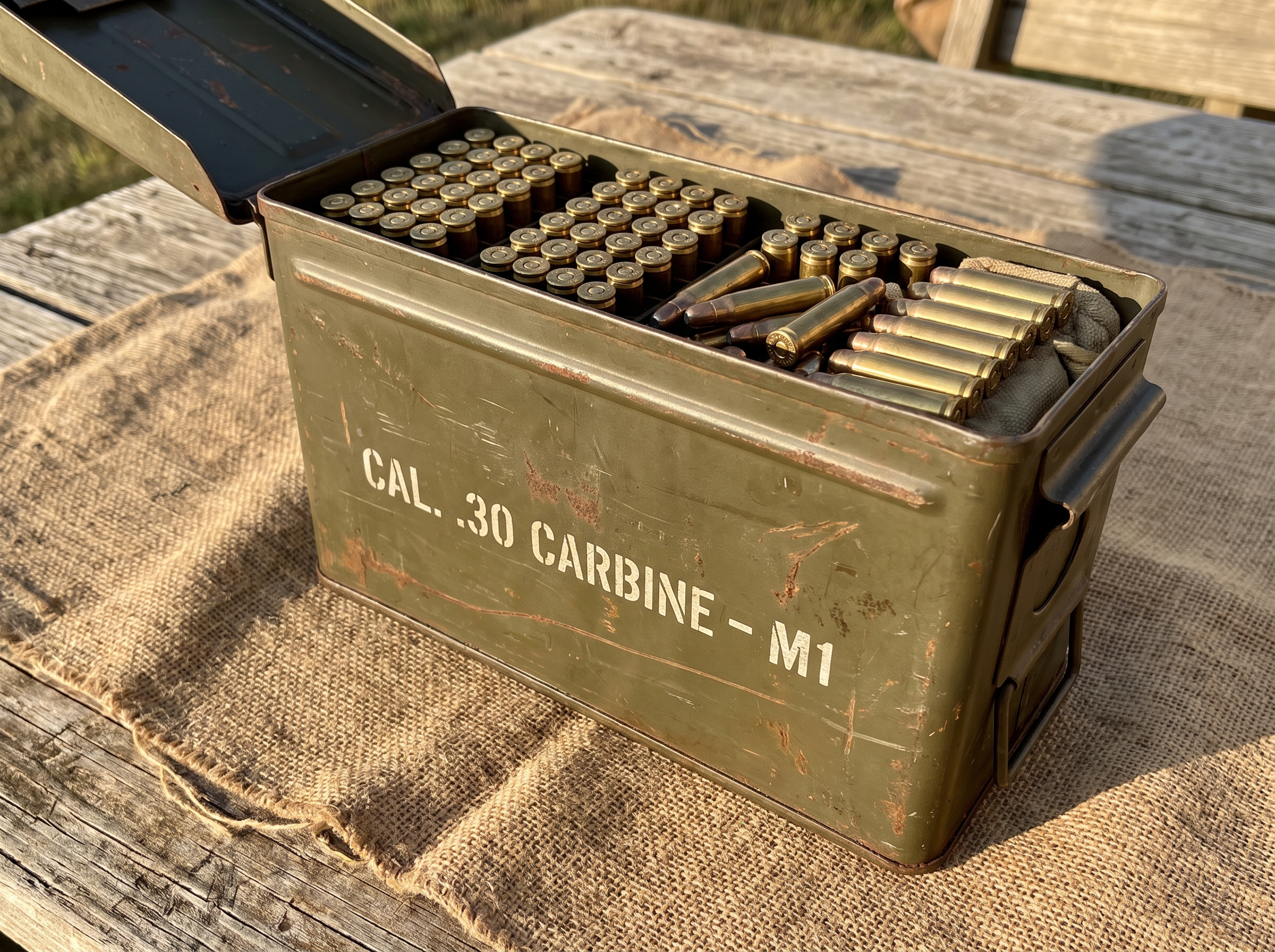 Munitions .30 Carbine dans une boîte métallique d'époque