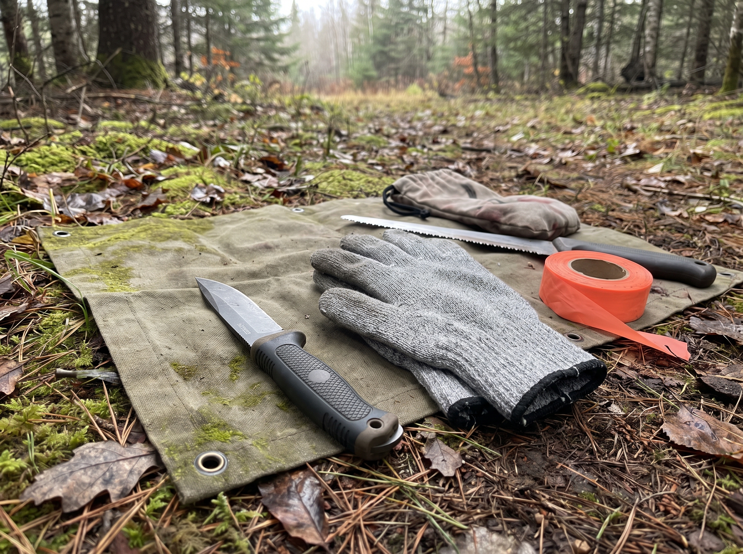 Matériel de dépeçage préparé en forêt après une battue