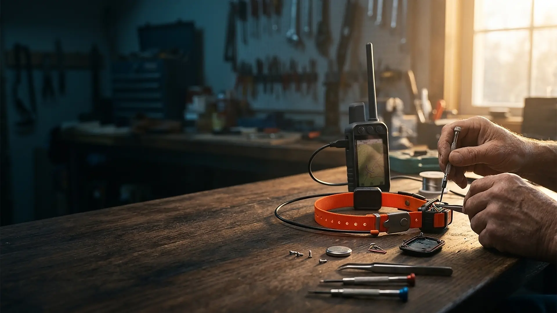 Collier GPS Garmin sur l'établi de l'atelier de réparation