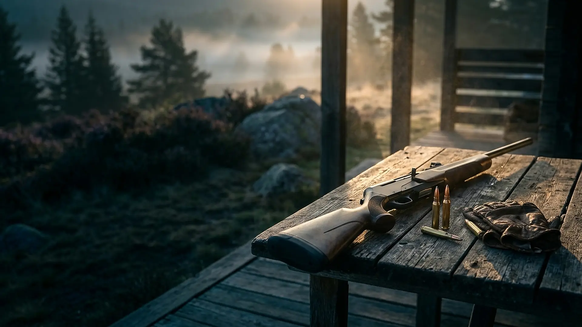 Carabine semi-automatique Browning BAR 4X et cartouches sur une table de chasse en bois